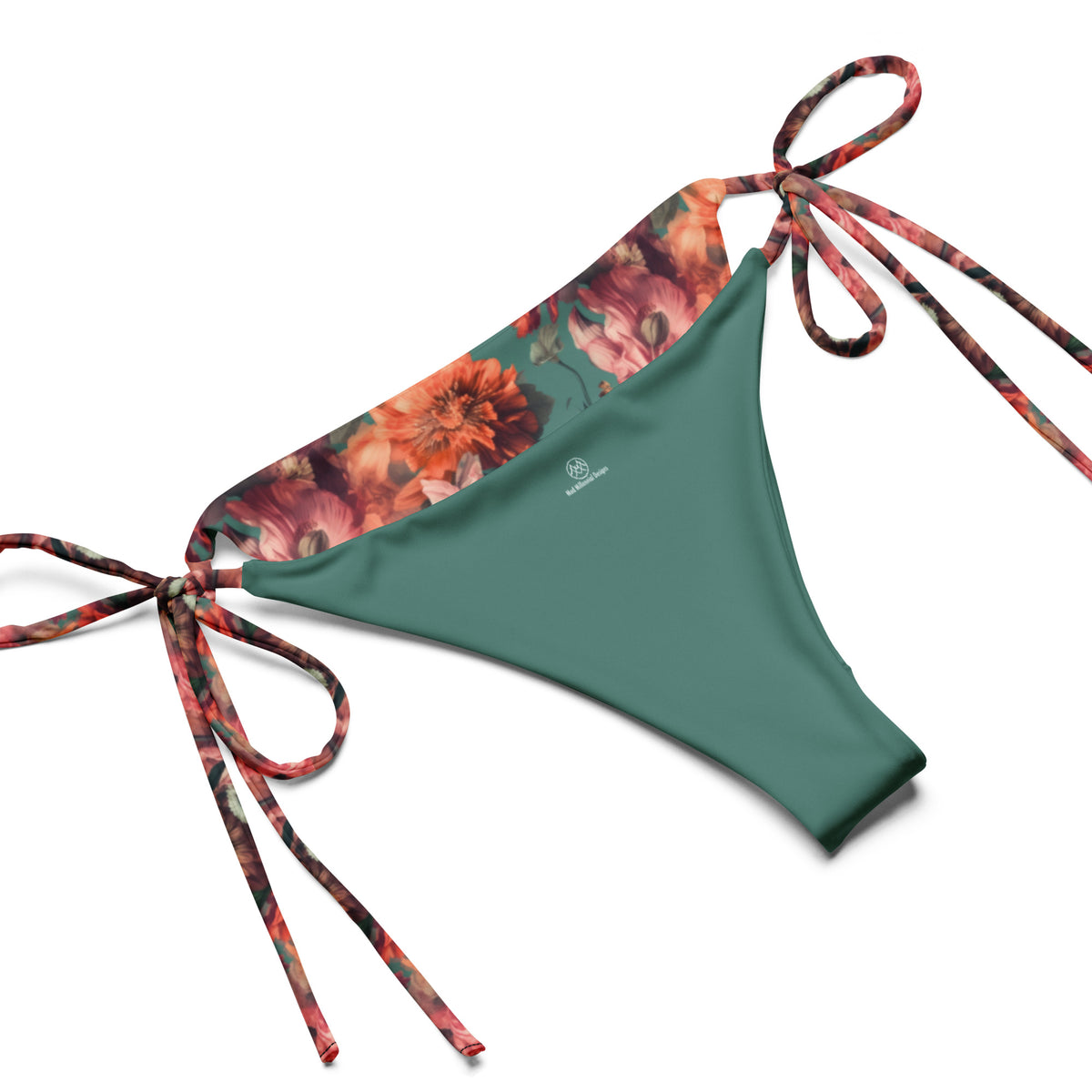 teal string bikini with orange pink and coral floral feminine botanical pattern showing the inner lining and adjustable ties