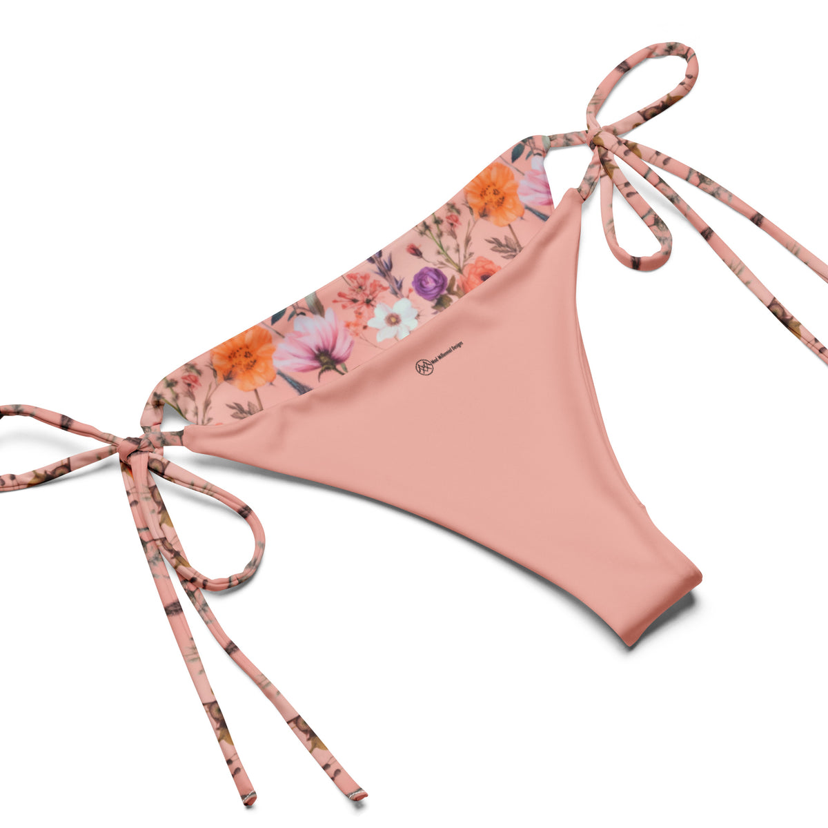 coral string bikini with orange and pink vintage floral feminine botanical pattern showing the inner lining and the adjustable ties