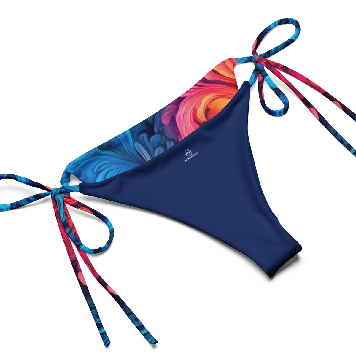 Polly rainbow string bikini with blue pink turquoise purple orange and green swirling tie-dye pattern inner lining details
