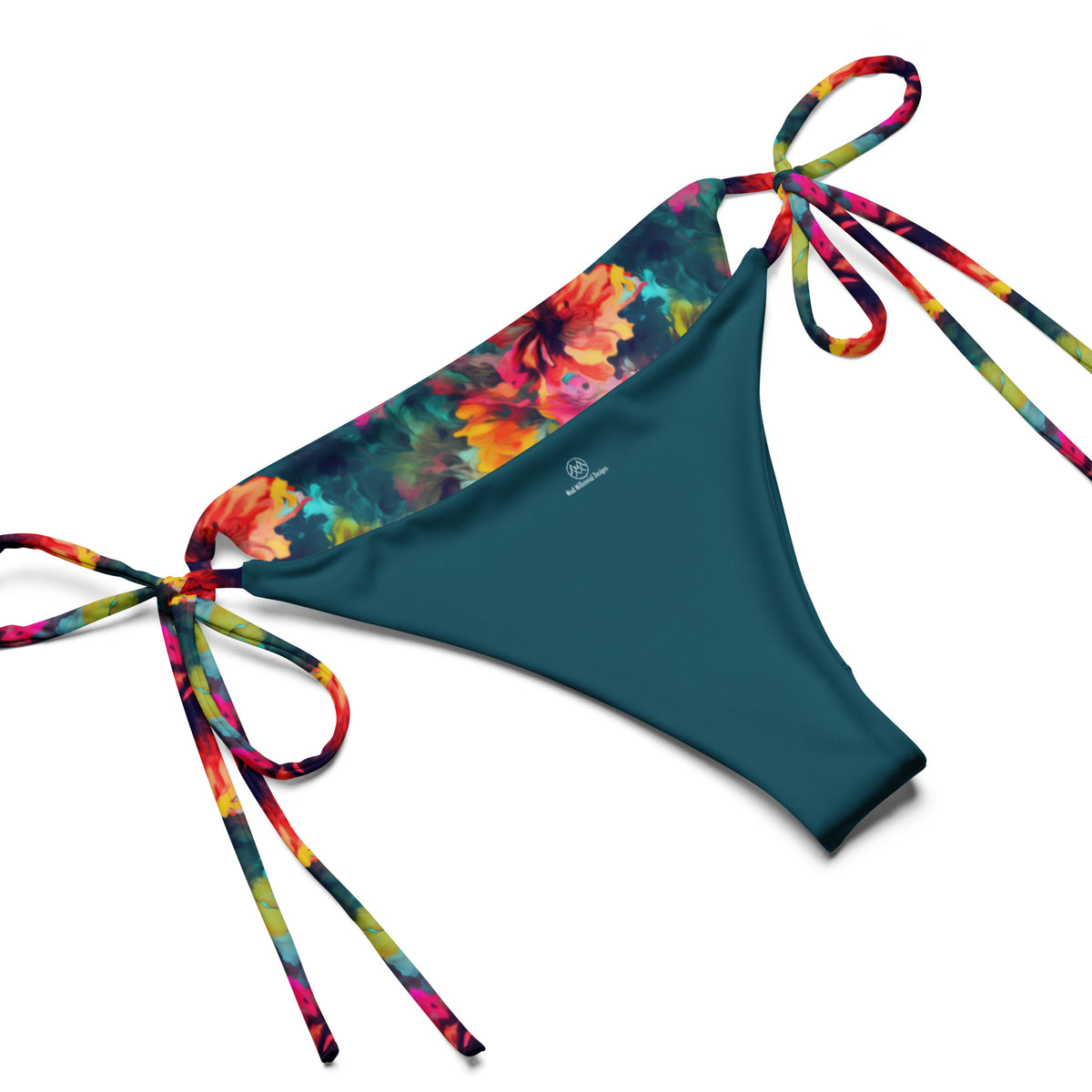 Philomena teal turquoise string bikini with coral pink yellow and purple floral tie-dye pattern inner lining details