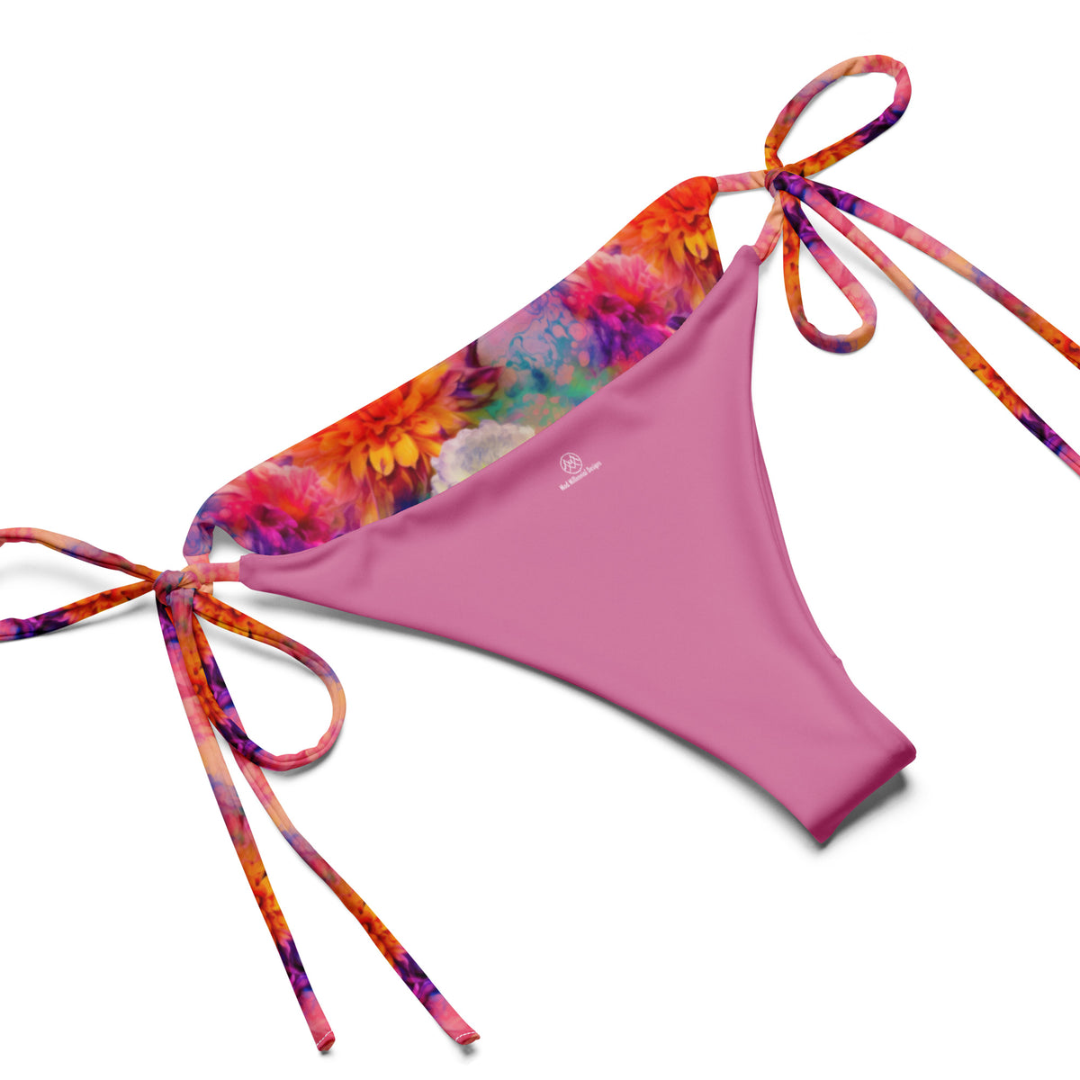Poppy rainbow string bikini with pink orange blue purple and yellow floral tie-dye pattern inner lining details