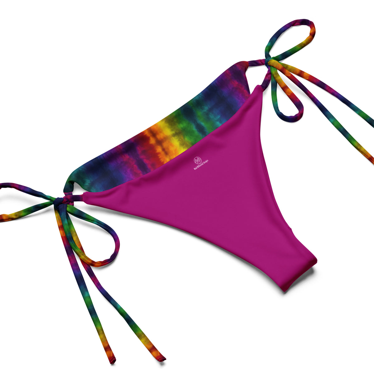 Patsy rainbow string bikini with red orange yellow green blue purple and pink tie-dye pattern inner lining details
