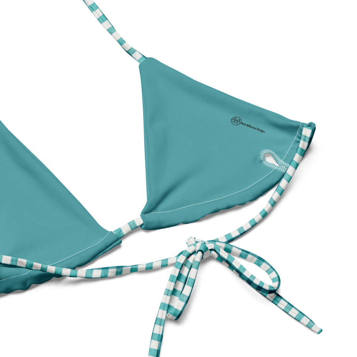 teal gingham string bikini showing the inner lining and the adjustable ties