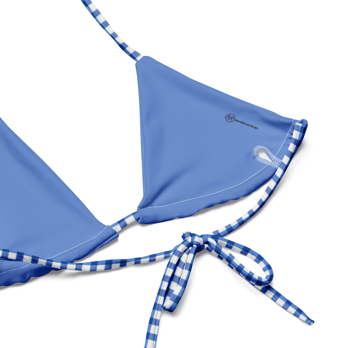 blue gingham checkered string bikini showing the inner lining and the adjustable ties