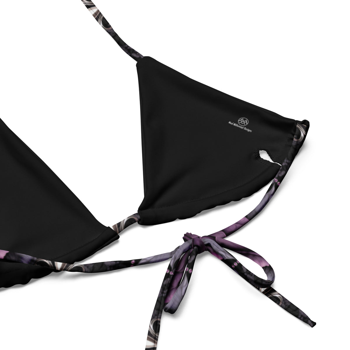 black bikini with purple and gray gothic details and floral pattern close-up view showing lining and adjustable straps
