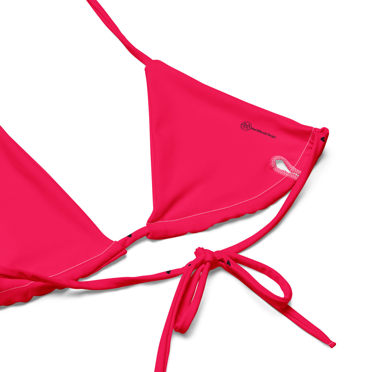 Ophelia hot pink fuchsia string bikini with tiny black heart print inner lining details