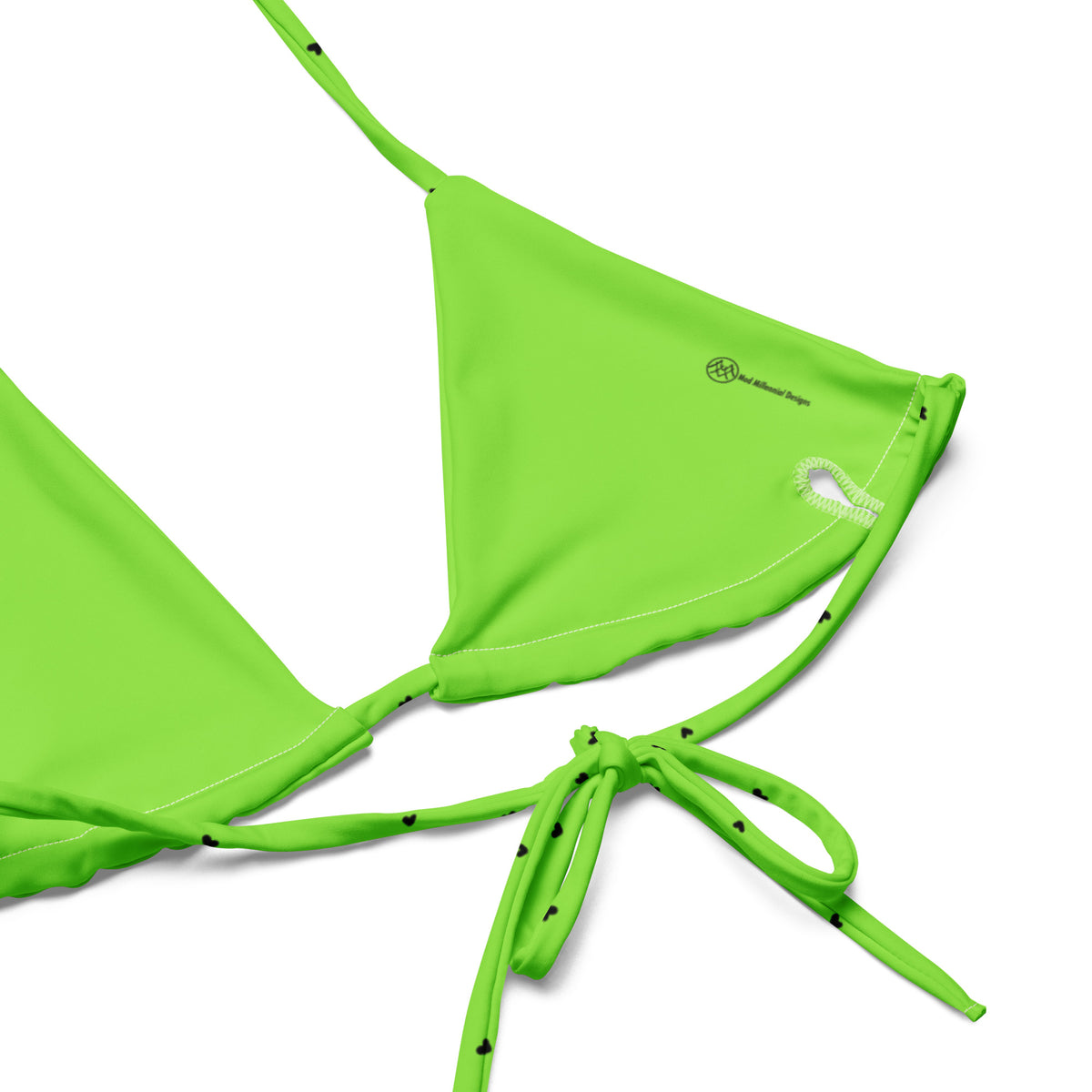 Yasmin neon lime green string bikini with tiny black heart print inner lining details