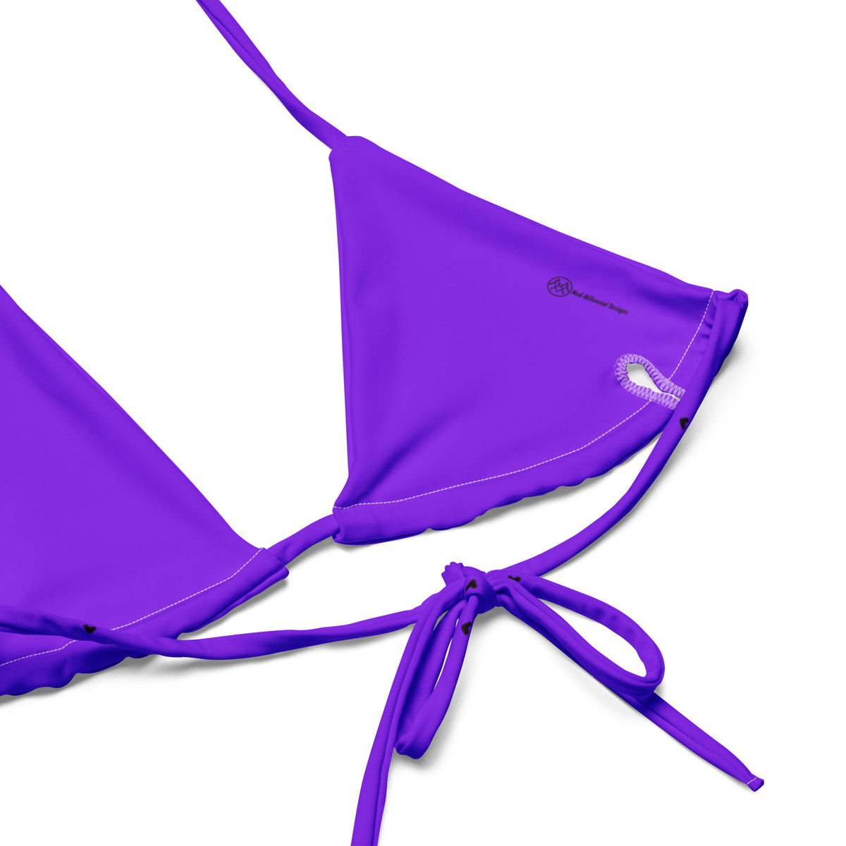 Jillian vivid violet purple string bikini with tiny black heart print inner lining details