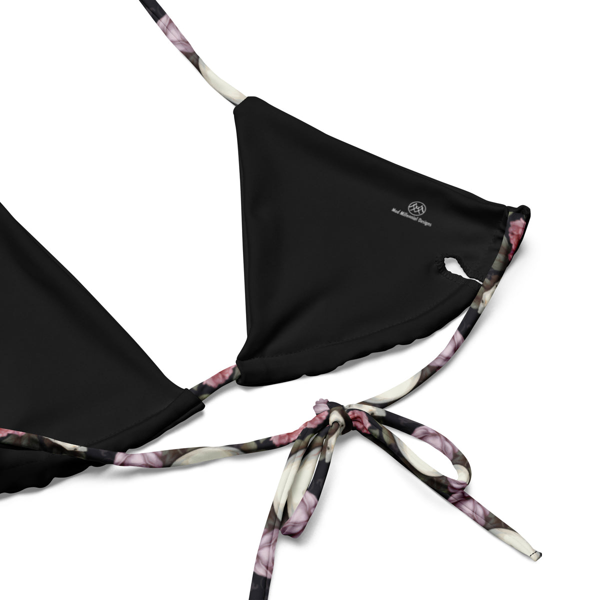 black bikini with skulls and roses and gothic details close-up view showing lining and adjustable ties