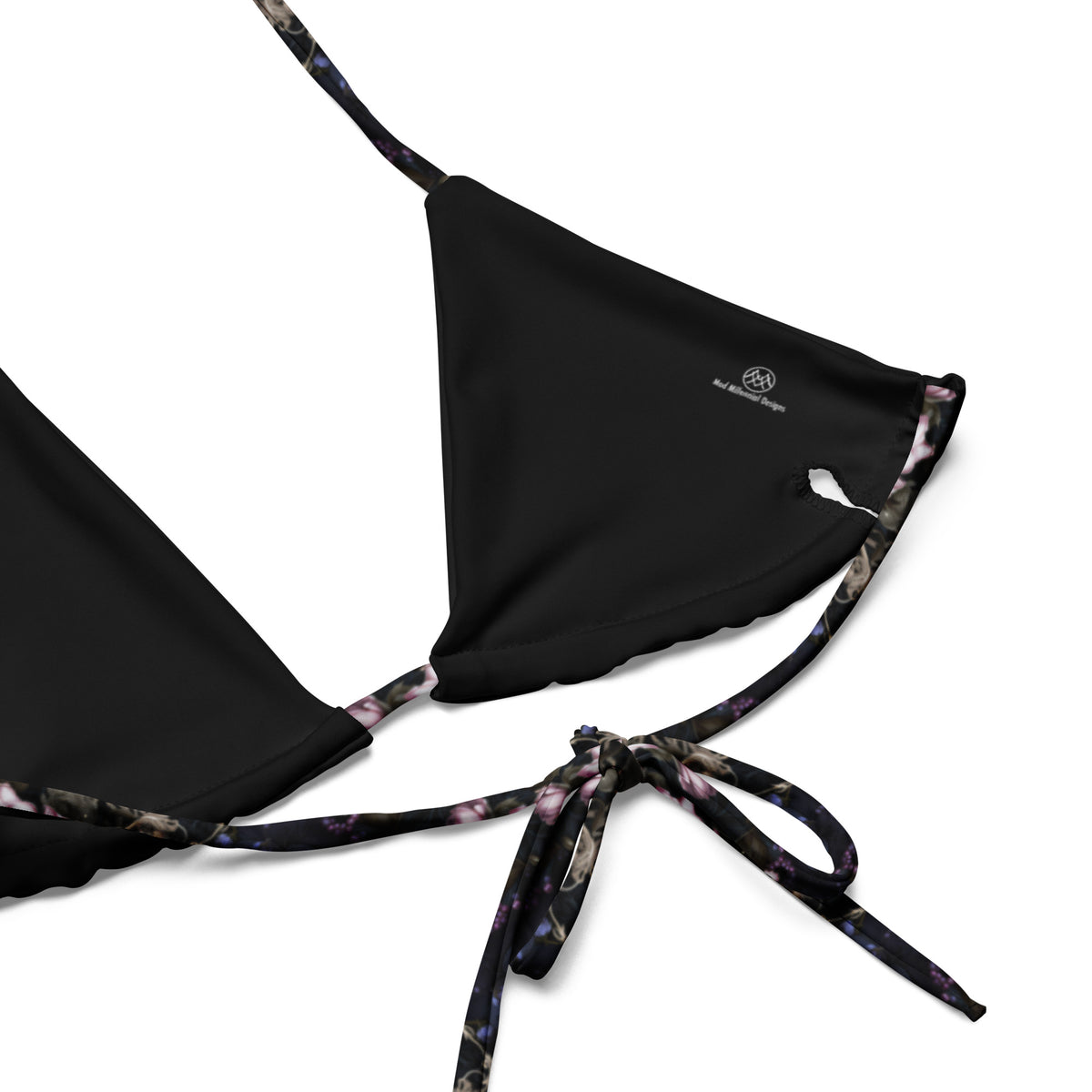 black bikini with pink and purple gothic and floral details close-up view showing lining and adjustable ties
