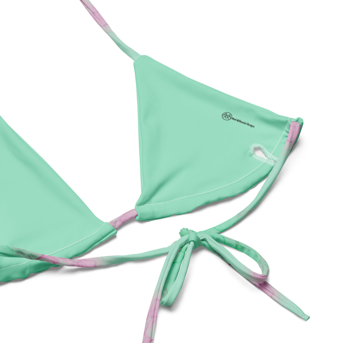 Obrey mint green string bikini with pink lavender and white marble pattern inner lining details