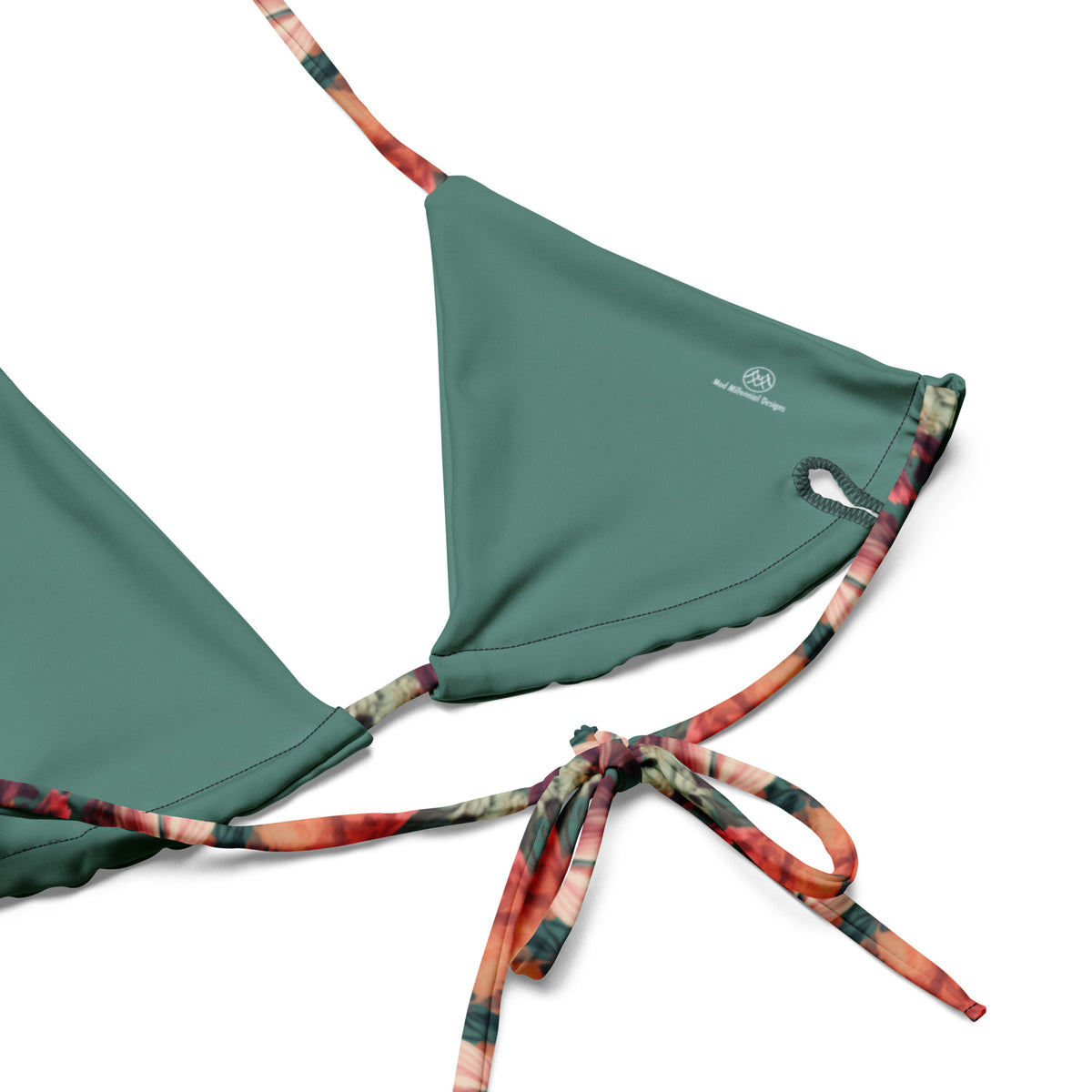 teal string bikini with orange pink and coral floral feminine botanical pattern showing the inner lining and adjustable ties