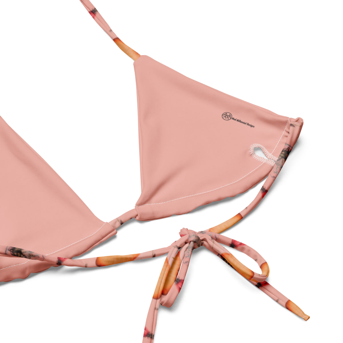 coral string bikini with orange and pink vintage floral feminine botanical pattern showing the inner lining and the adjustable ties