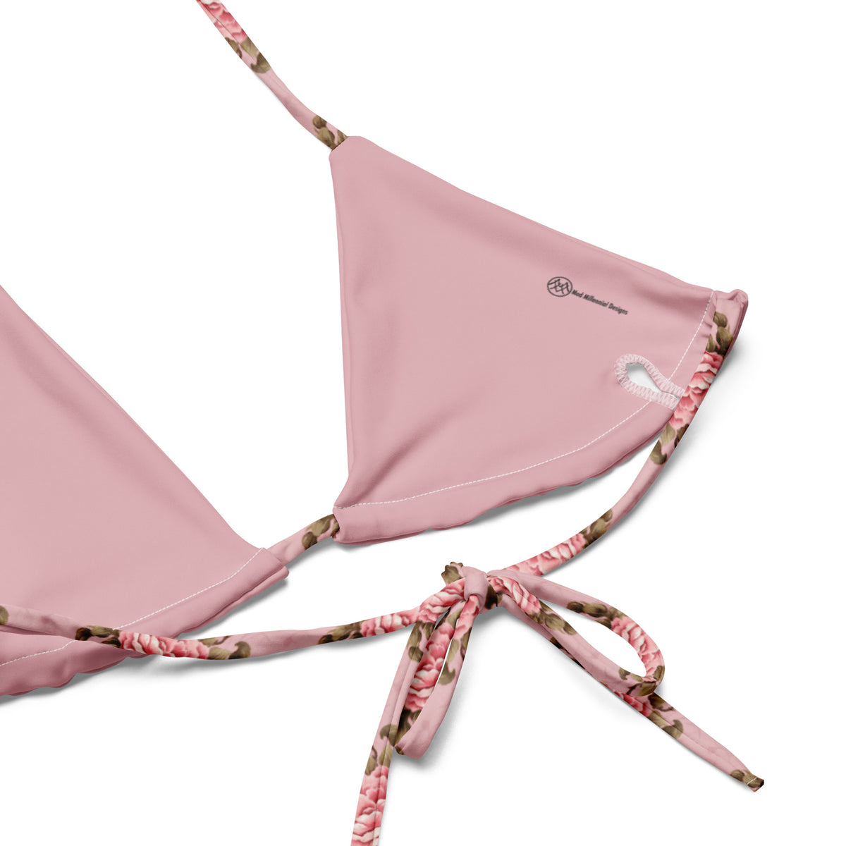 pink string bikini with pink rose floral botanical feminine pattern showing the inner lining and the adjustable ties