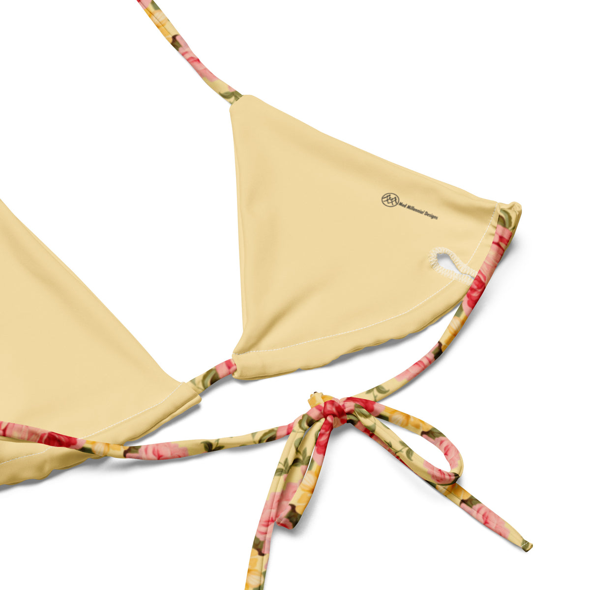 butter yellow string bikini with blush pink yellow and baby blue roses floral feminine botanical pattern showing the inner lining and the adjustable ties