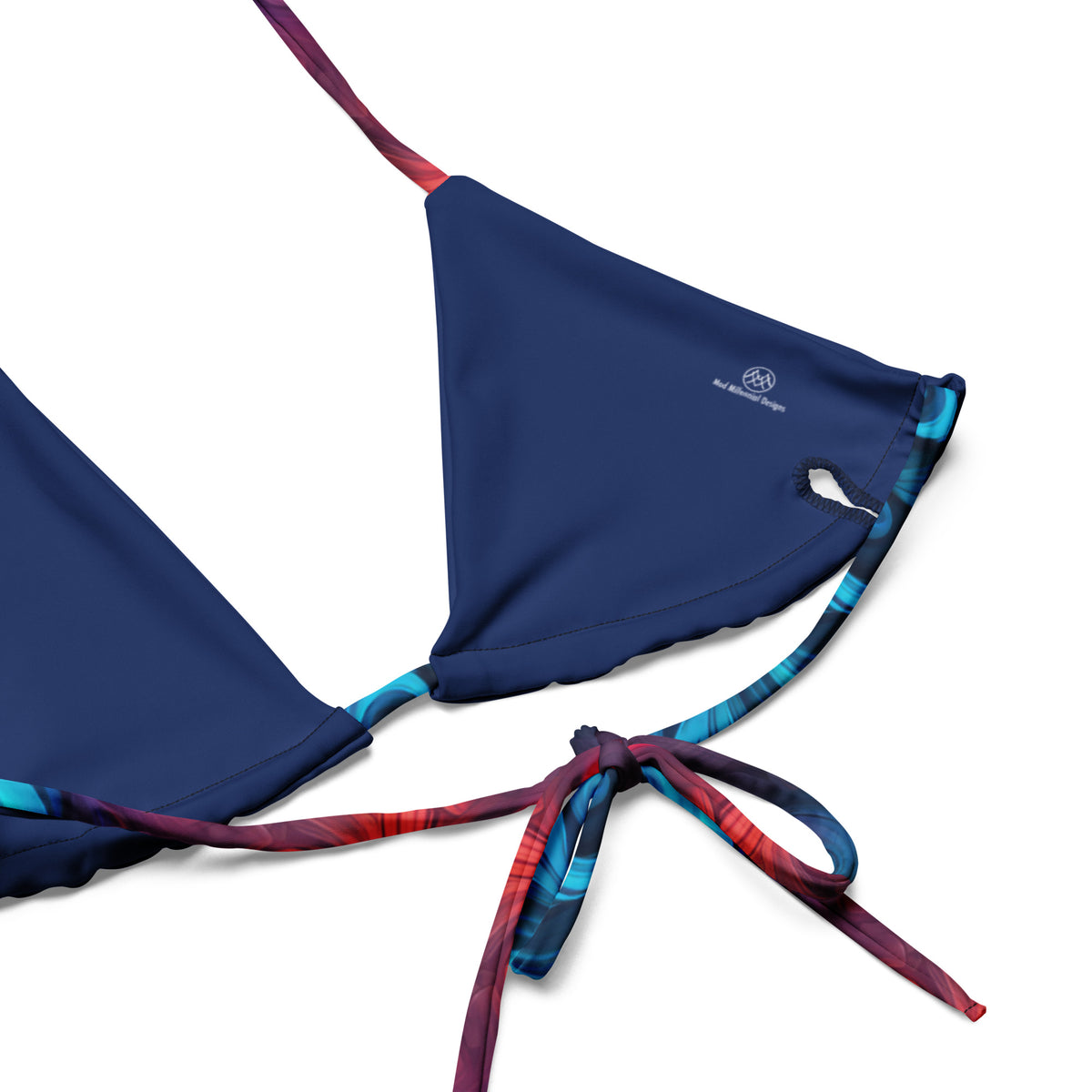 Polly rainbow string bikini with blue pink turquoise purple orange and green swirling tie-dye pattern inner lining details