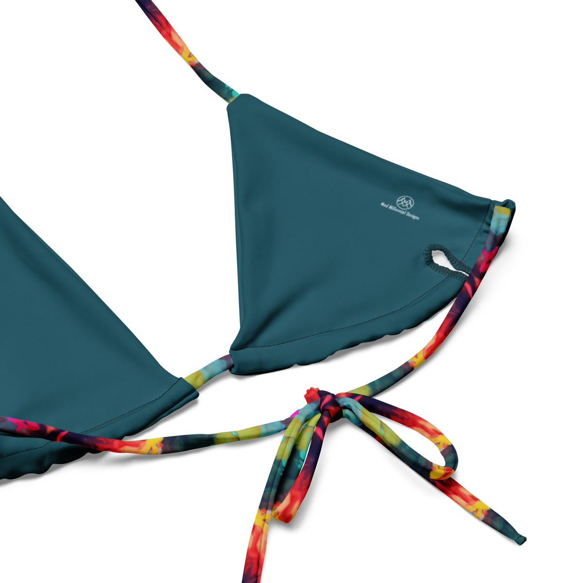 Philomena teal turquoise string bikini with coral pink yellow and purple floral tie-dye pattern inner lining details