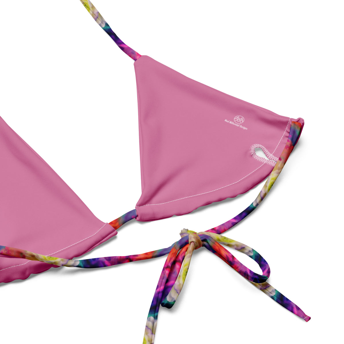 Poppy rainbow string bikini with pink orange blue purple and yellow floral tie-dye pattern inner lining details