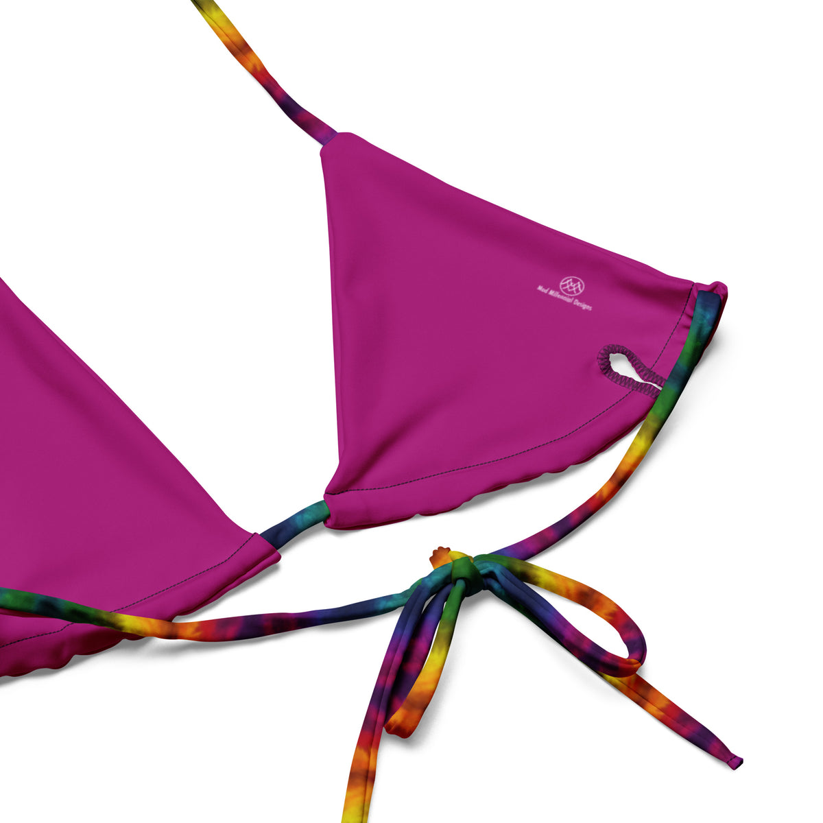 Patsy rainbow string bikini with red orange yellow green blue purple and pink tie-dye pattern inner lining details
