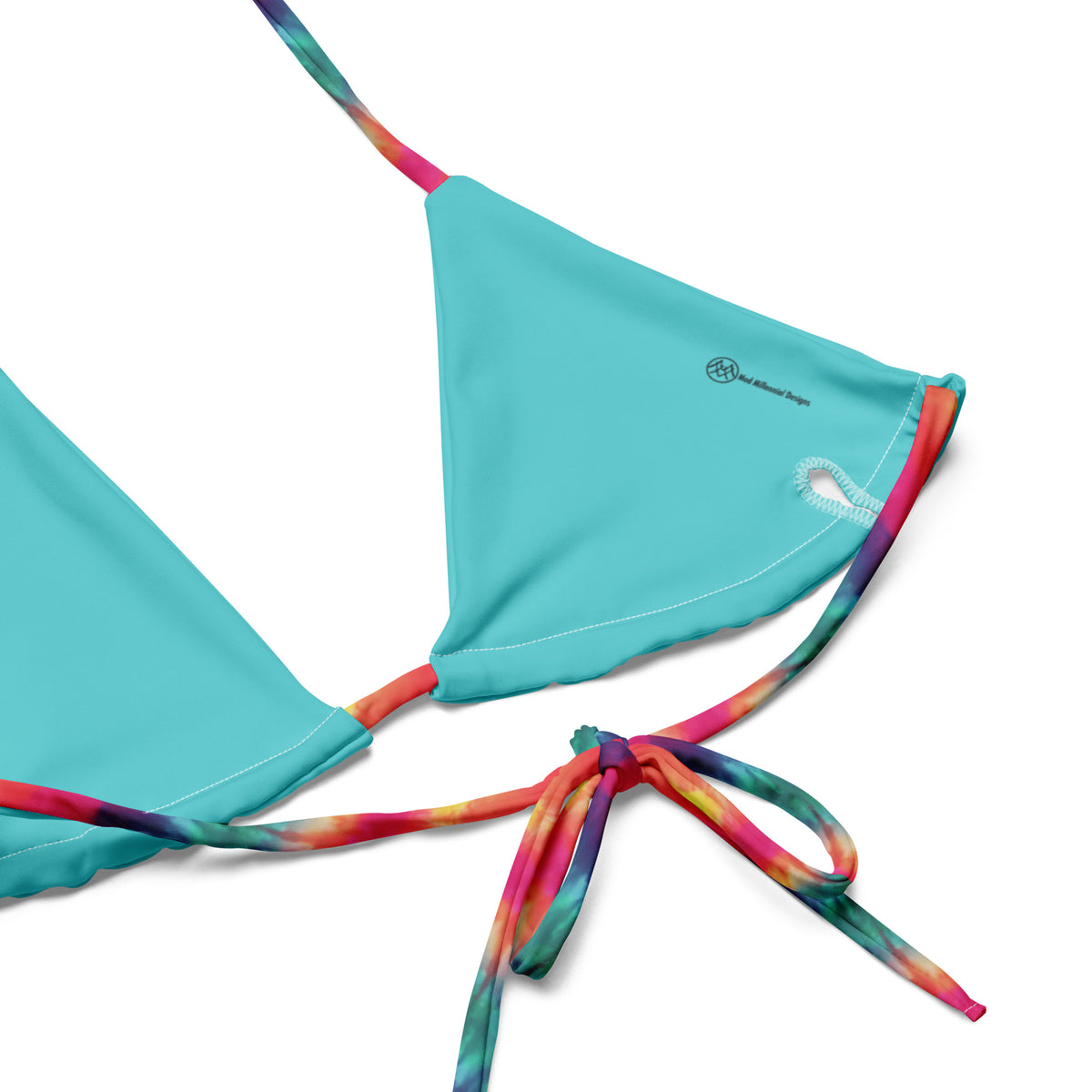 Penelope rainbow string bikini with pink turquoise blue yellow and green spiral tie-dye pattern inner lining details