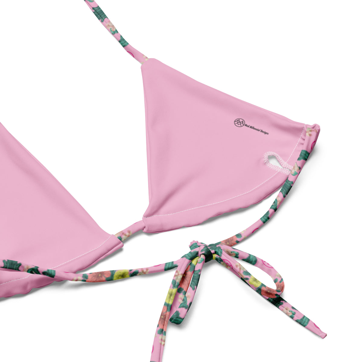 Close-up of pink Rococo floral bikini top showing interior lining and adjustable ties