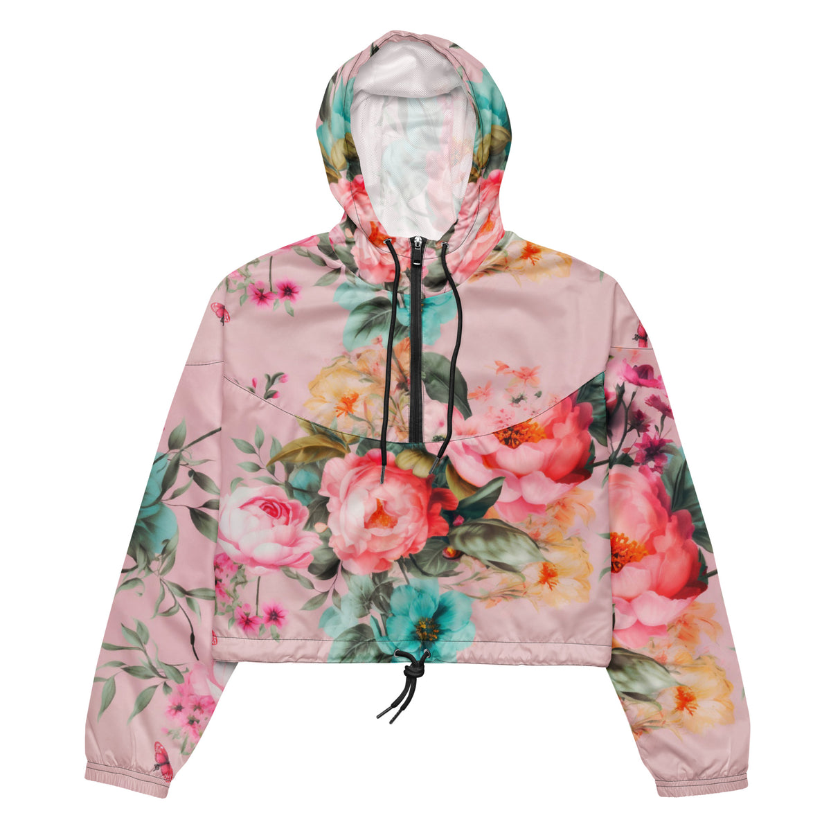 Women’s pink botanical print cropped windbreaker with floral pattern front view black piping variation