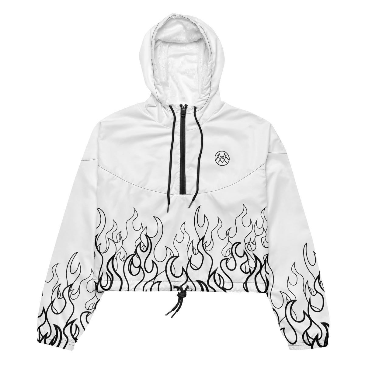 White hooded cropped windbreaker with black flame print front view