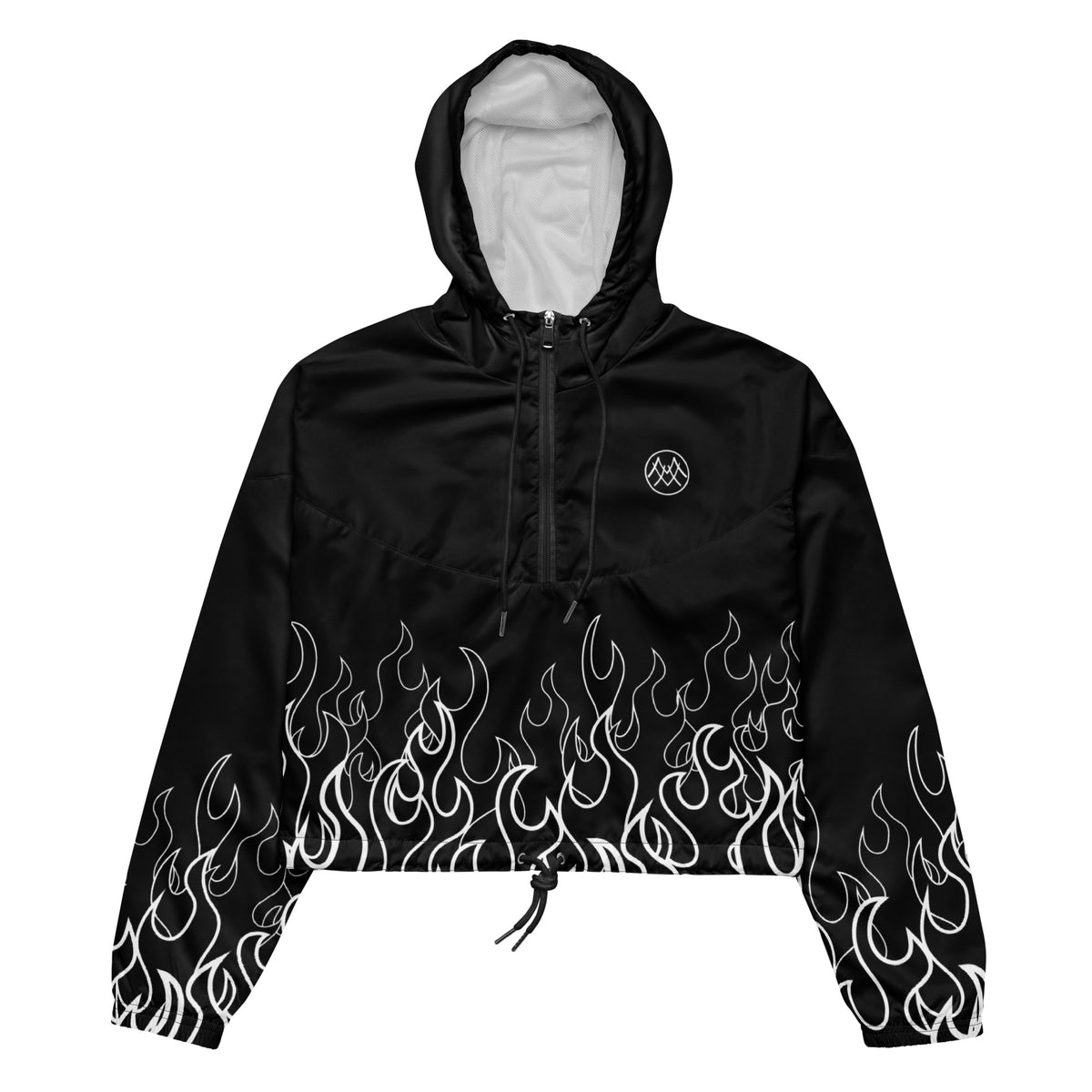 Black hooded cropped windbreaker with white flame print front view