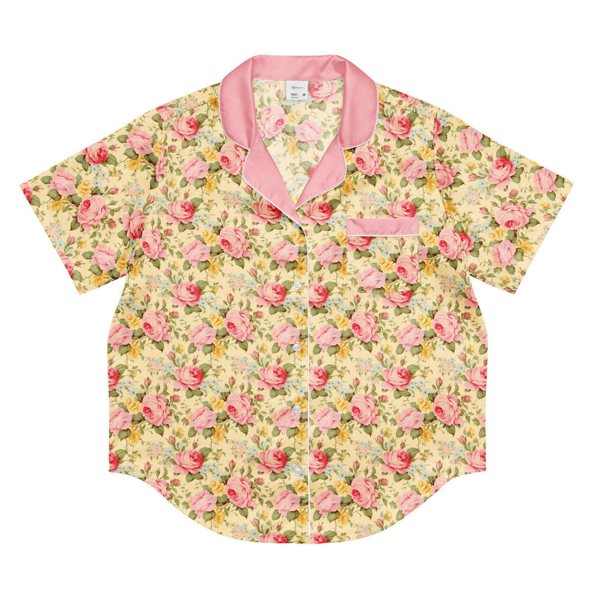 short sleeve button down yellow pajama shirt with pink collar with light pink dark pink yellow and blue roses pattern showing the front