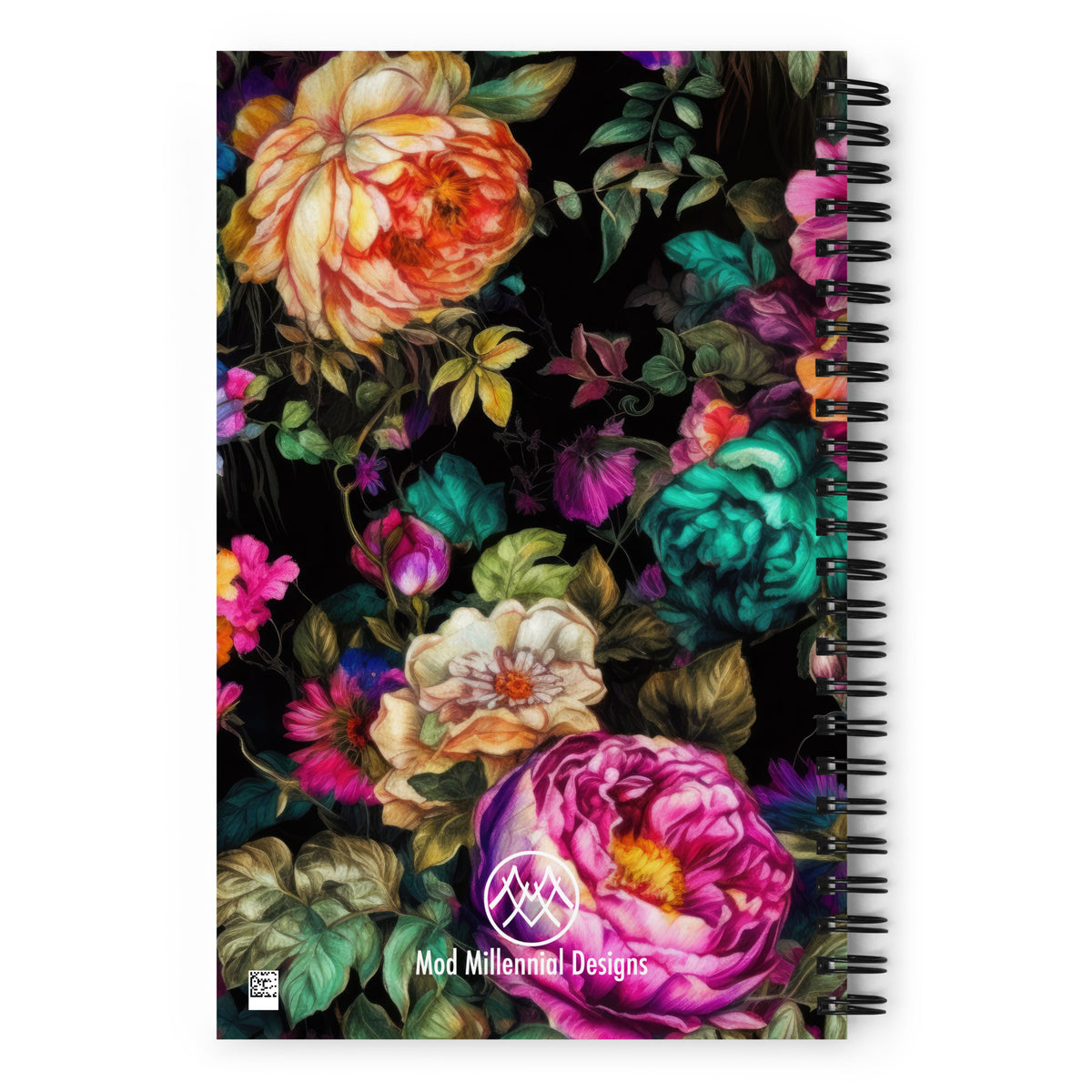 Spiral notebook in black with vivid pink, orange, and teal floral feminine pattern showing the back