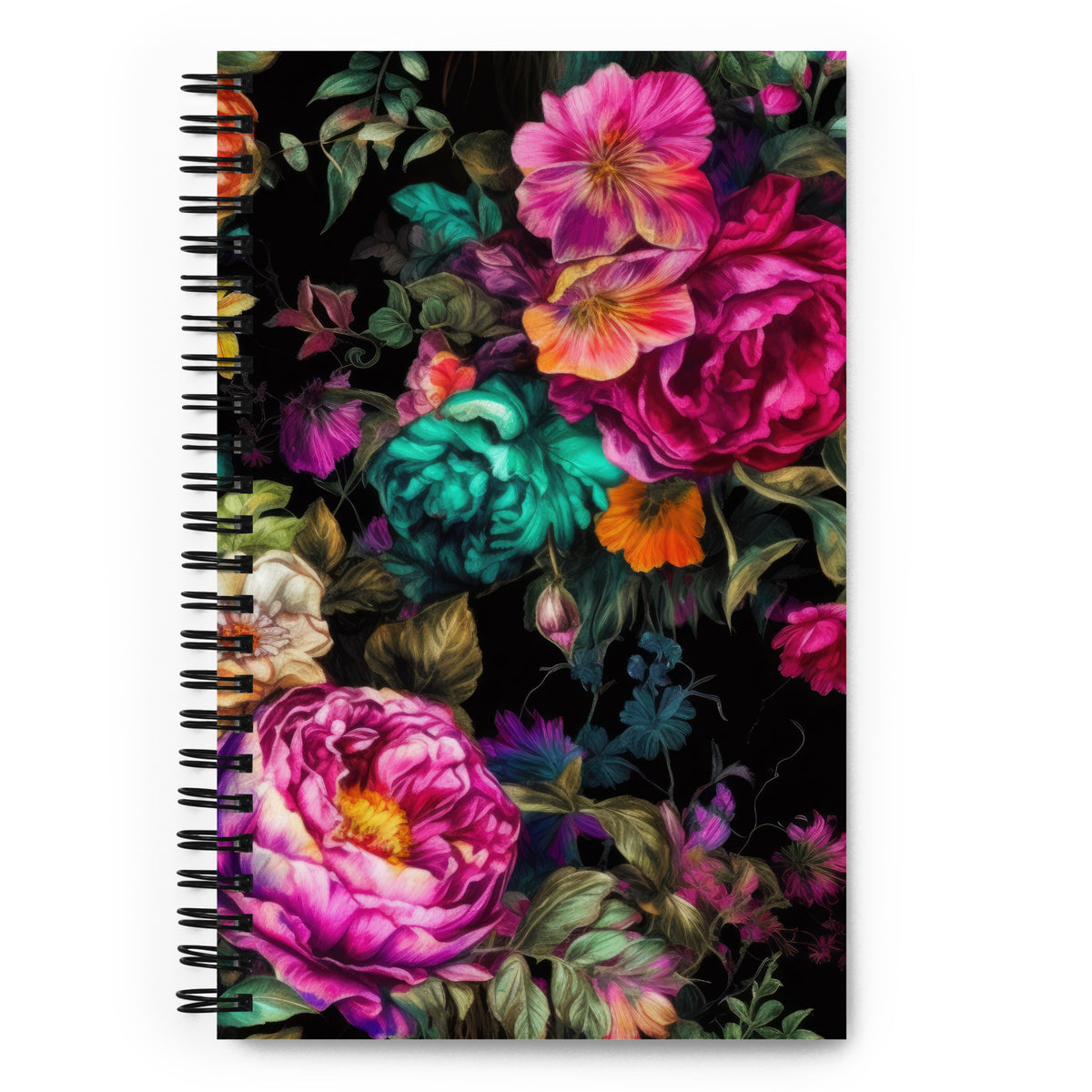 Spiral notebook in black with vivid pink, orange, and teal floral feminine pattern showing the front
