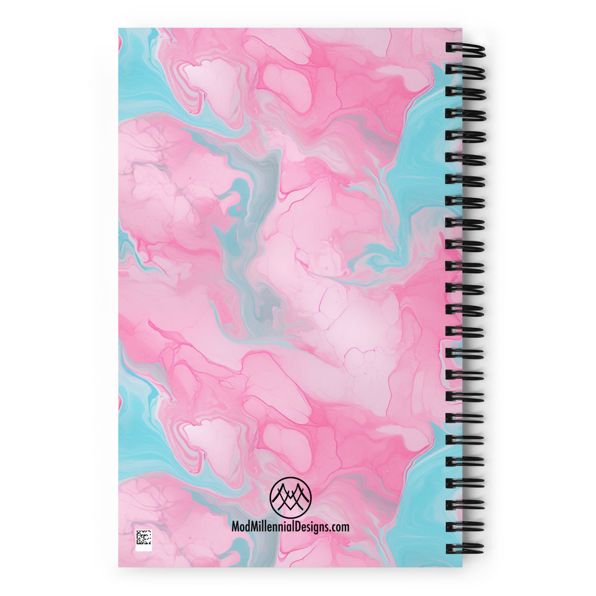 Ollie spiral notebook with pink aqua turquoise and white marble stone pattern back