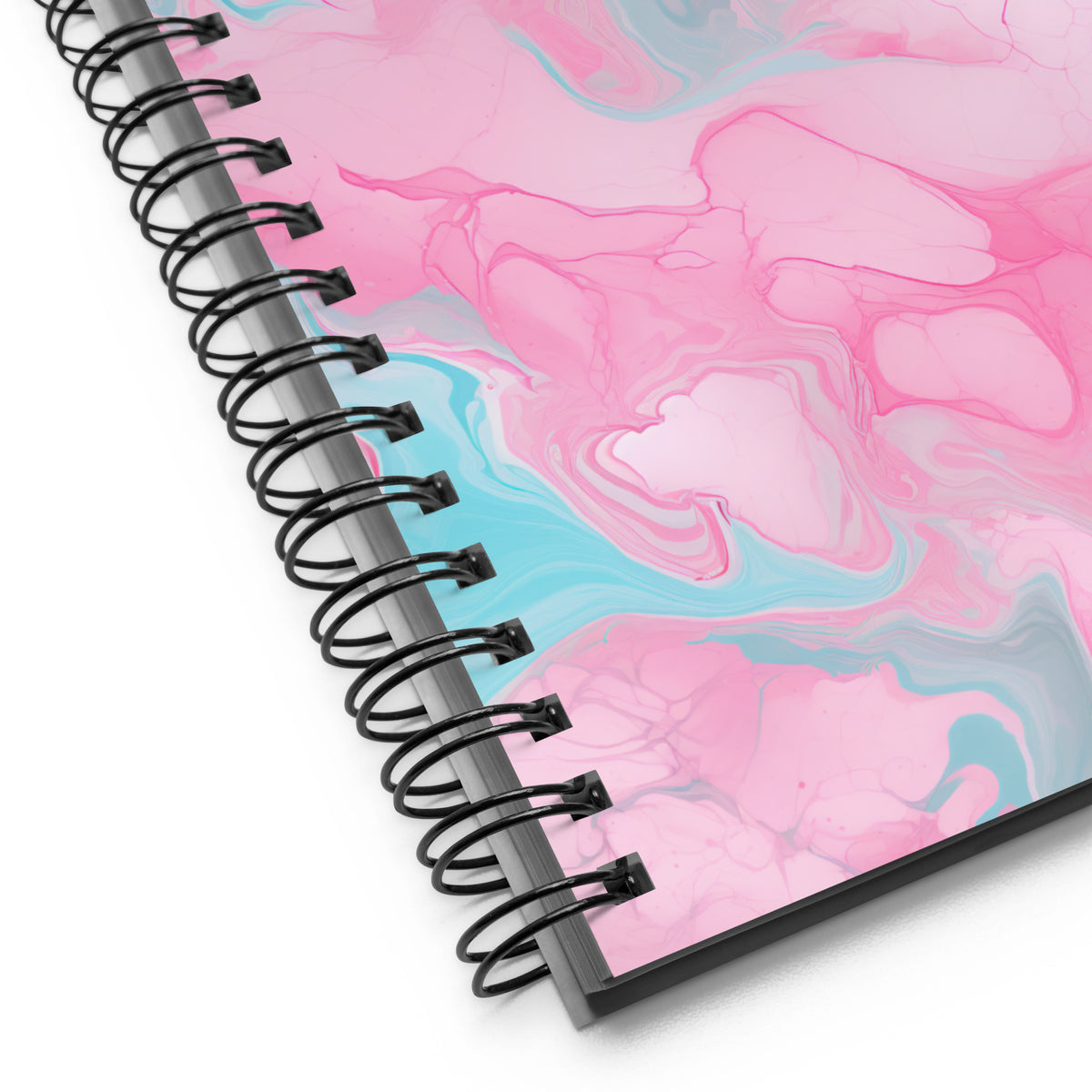 Ollie spiral notebook with pink aqua turquoise and white marble stone pattern close up of spirals