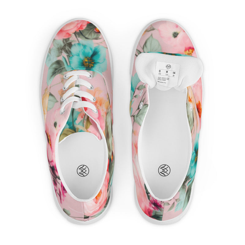 Sophia women’s pink botanical floral canvas sneakers with white laces top view showing tag details on inside of tongue