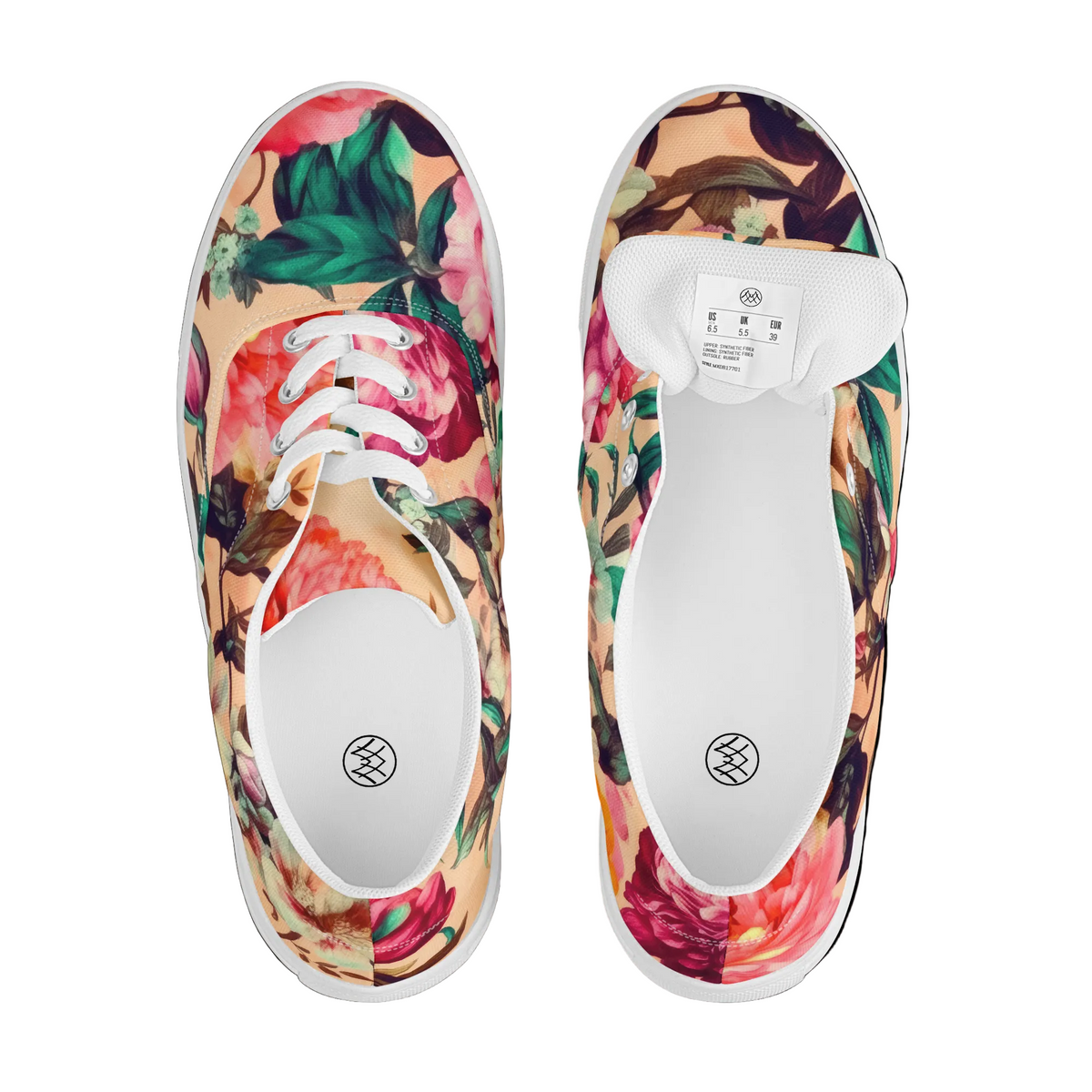 coral low-top sneakers with white laces with coral color and teal and pink floral botanical feminine pattern showing the shoes from the top to show inner sole and tag details