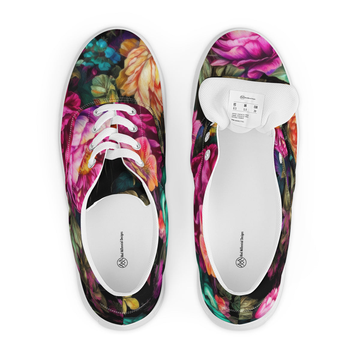 Low-top canvas Shoes with a black and colorful floral pattern and white laces showing the shoes from above showing details on the inside of the shoes