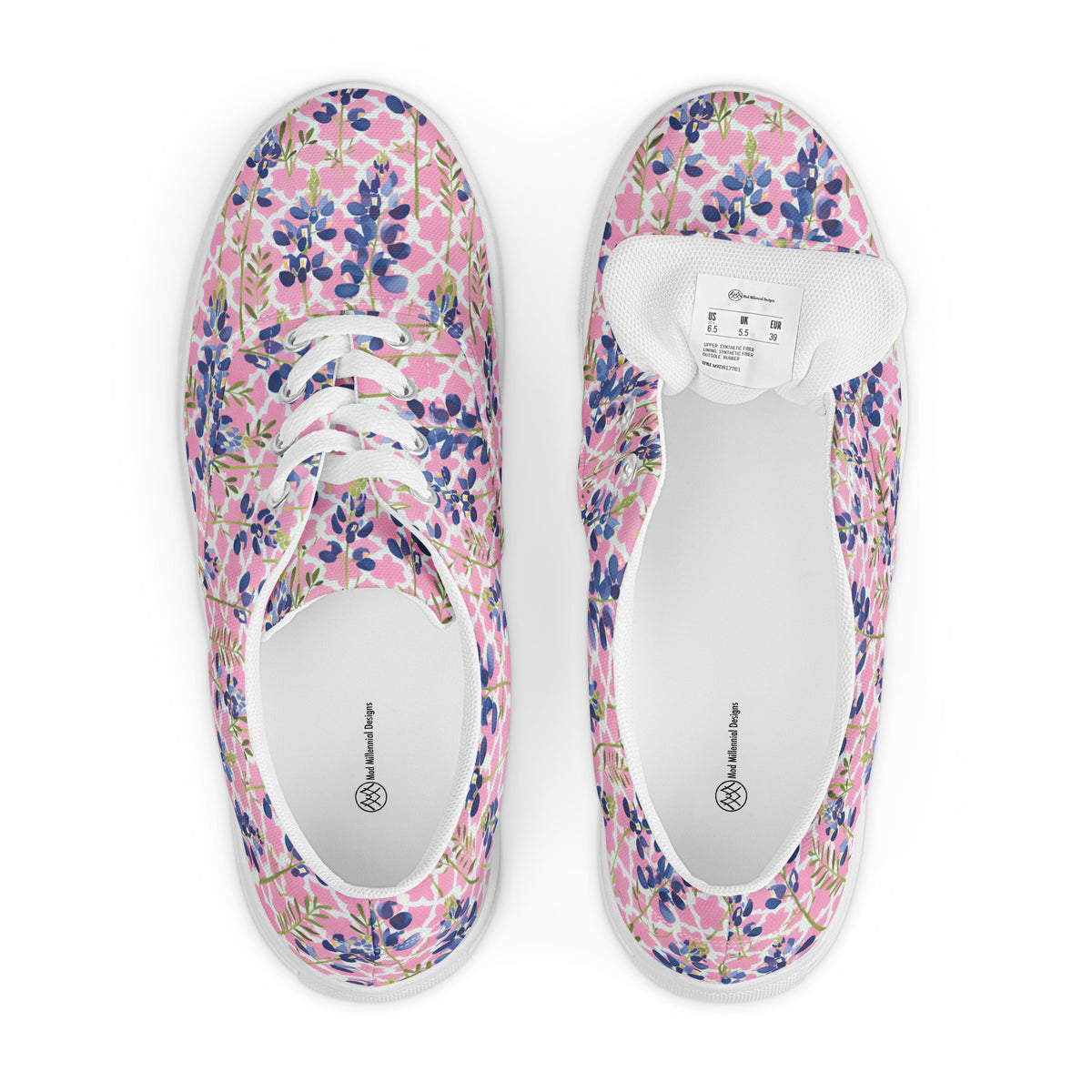 low-top sneakers with blush pink and quatrefoil pattern with Texas bluebonnets and white laces showing the top and inner sole and tag details