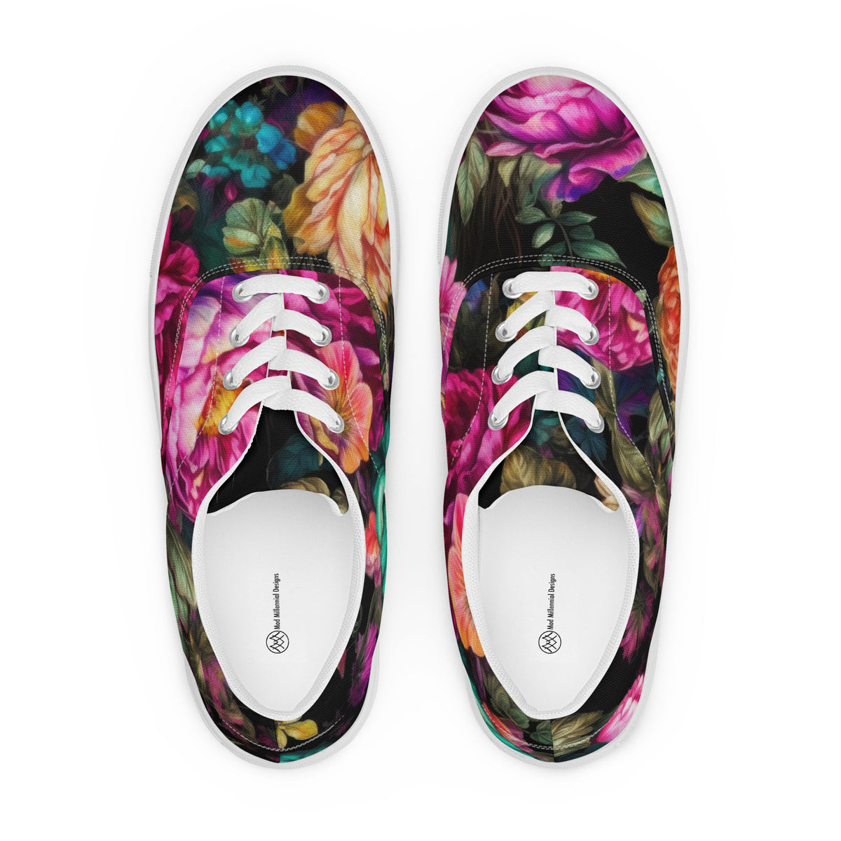 Low-top canvas Shoes with a black and colorful floral pattern with white laces showing the shoes from above
