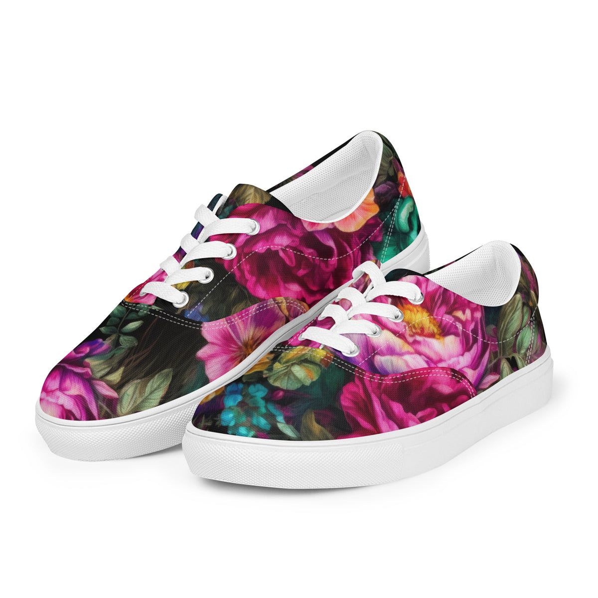 Low-top canvas Shoes with a black and colorful floral pattern and white laces showing the shoes from the side