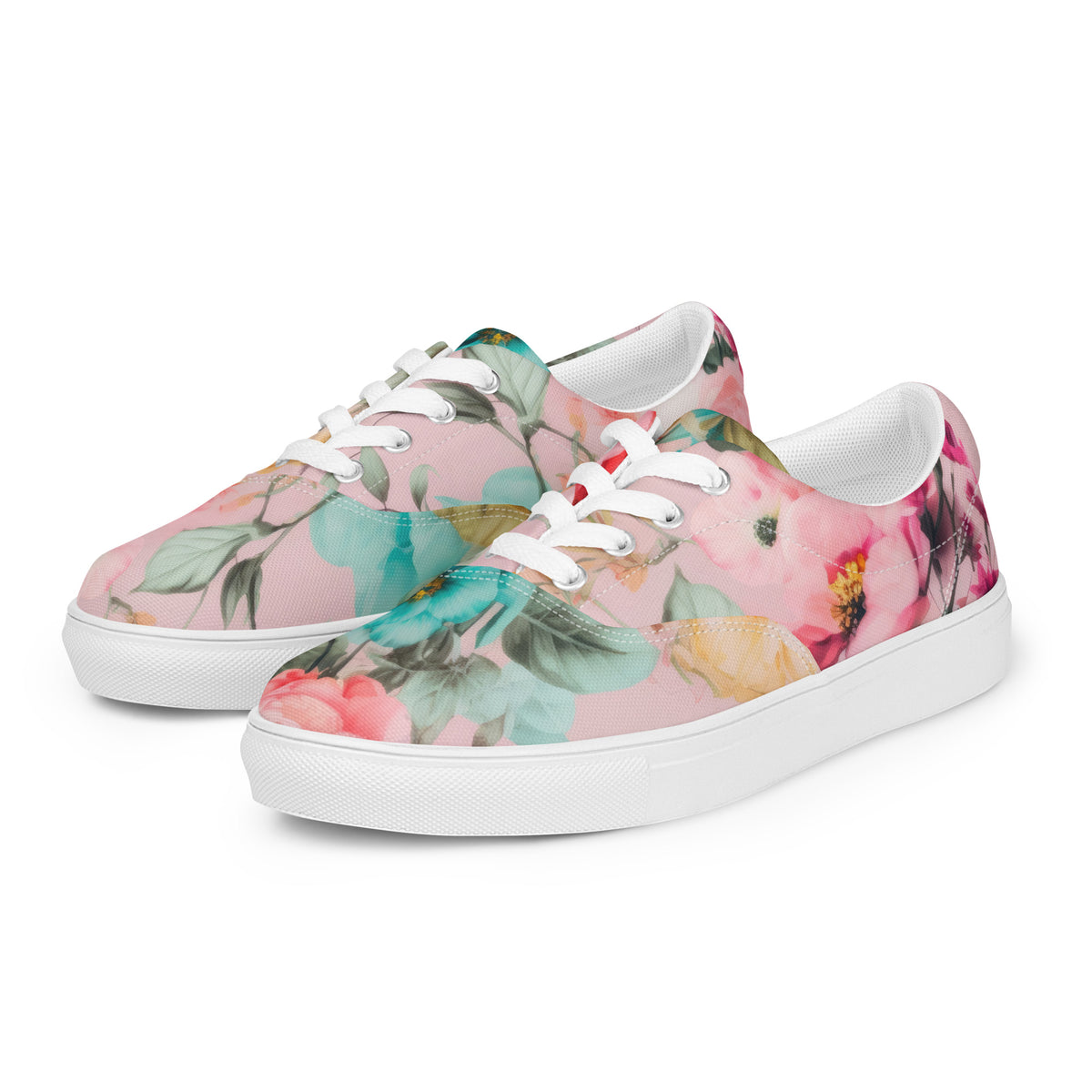 Sophia women’s pink botanical floral canvas sneakers with white laces side view