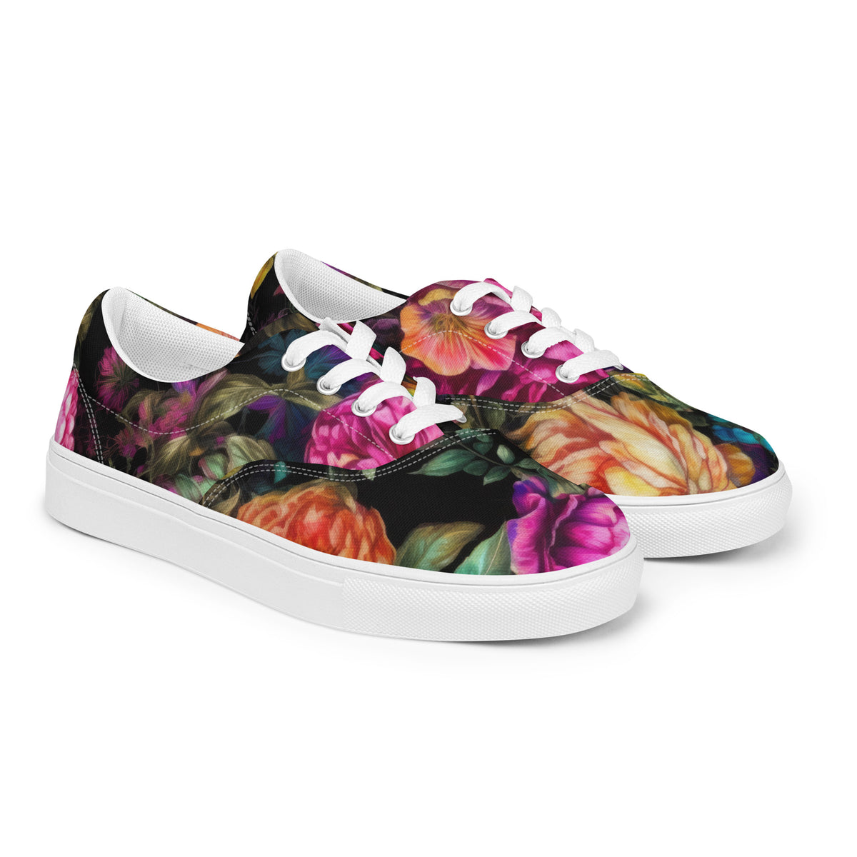 Low-top canvas Shoes with a black and colorful floral pattern and white laces showing the shoes from the side