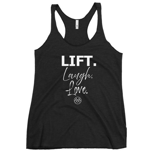 Women's Racerback Tank: Basics Collection in Lift Laugh Love White