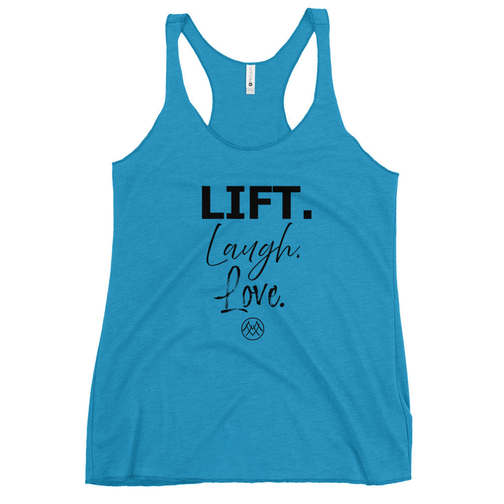 Women's Racerback Tank: Basics Collection in Lift Laugh Love Black