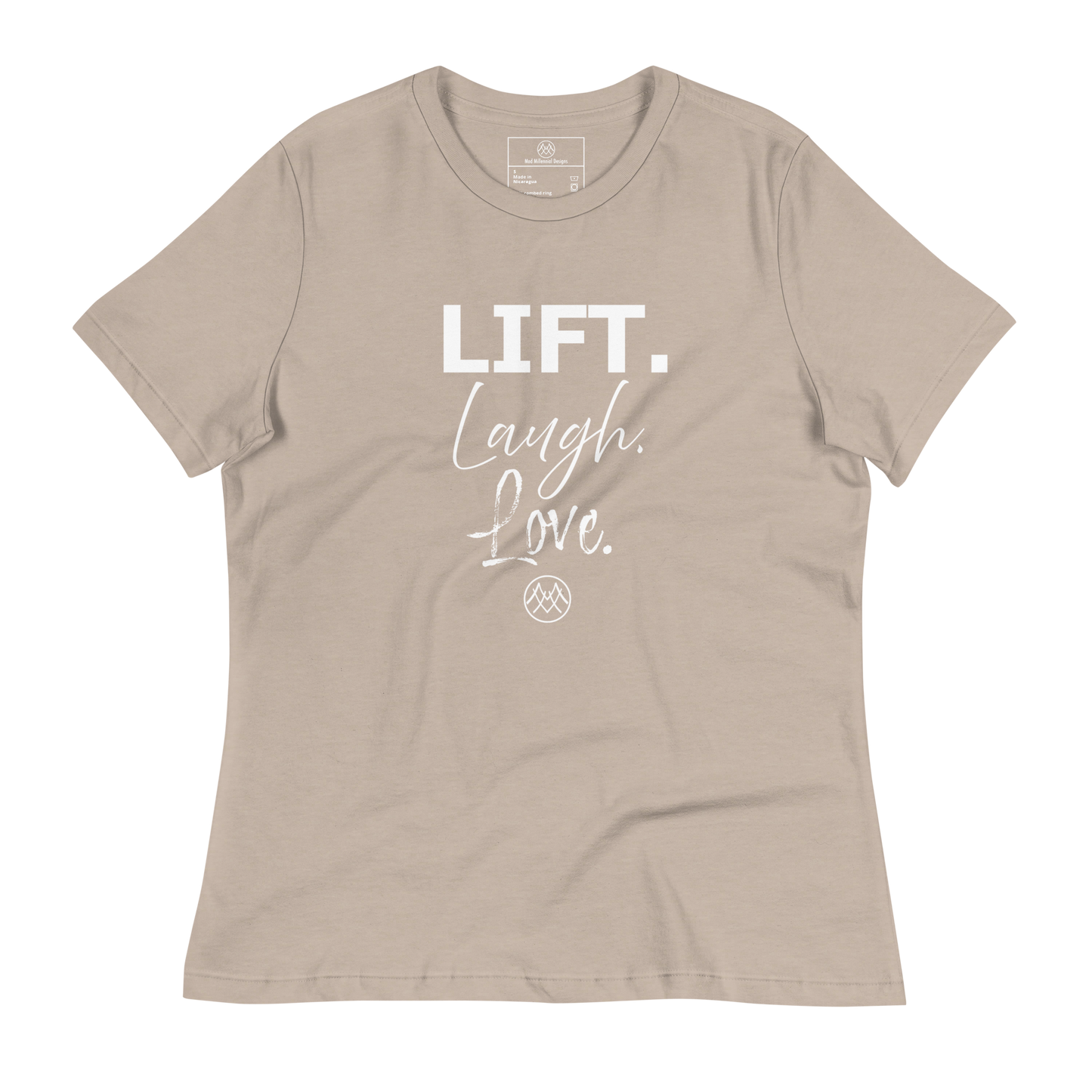 Women's Relaxed T-Shirt: Basics Collection in Lift Laugh Love White