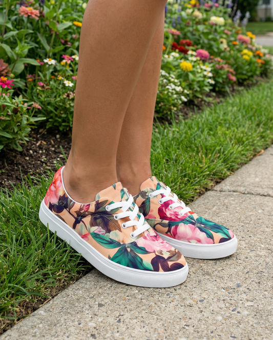 Women’s Lace-up Canvas Shoes: Coral Florals Collection in Goldie