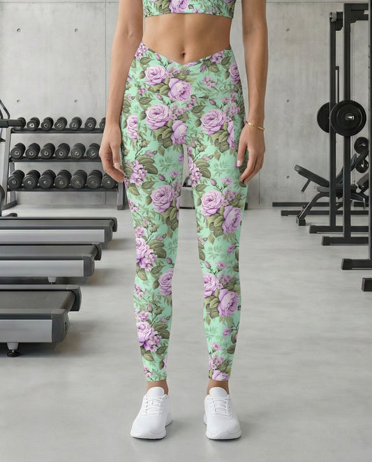 Crossover Leggings with Pockets: Victorian Romance Collection in Ivy