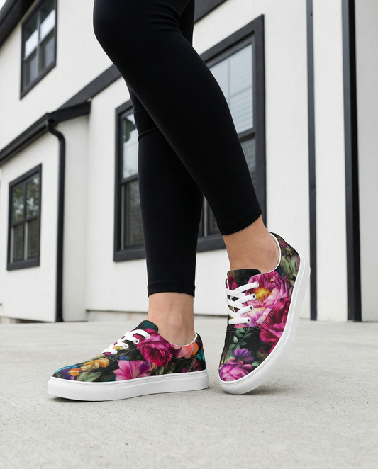 Women’s Lace-up Canvas Shoes: Black Florals Collection in Mary