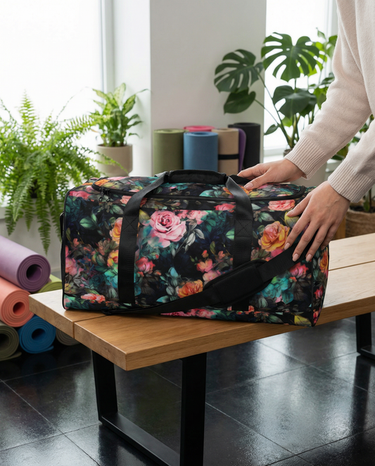 Duffle Bag: Black Florals Collection in Megan