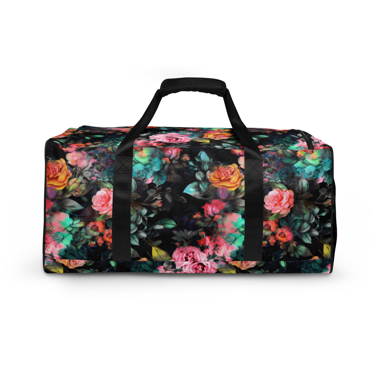 Full size black duffle bag with black handles and removable black shoulder strap and zipper enclosure with vivid rose feminine botanical floral pink yellow and teal pattern showing the back