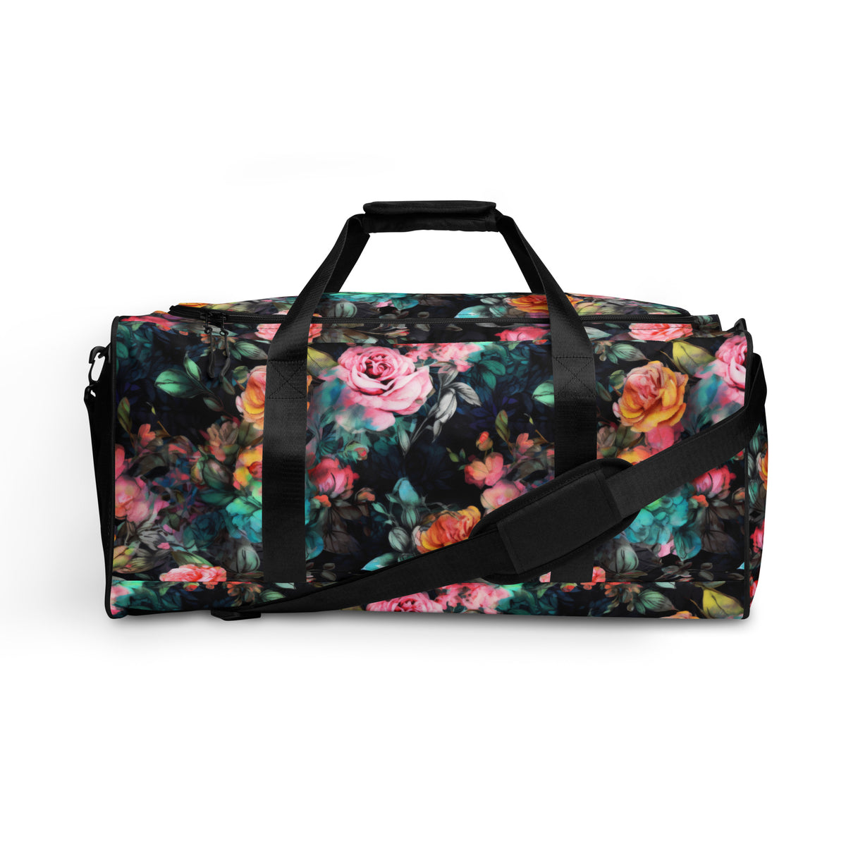 Full size black duffle bag with black handles and removable black shoulder strap and zipper enclosure with vivid rose feminine botanical floral pink yellow and teal pattern showing the front